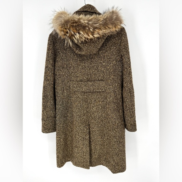 J. Crew vintage wool Brown Tweed Pea Coat with hood and  Fur Collar size 10 - Picture 2 of 11